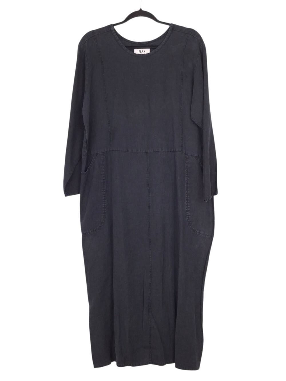 Flax linen midi dress long sleeve oversized Lagenlook coastal pockets straight